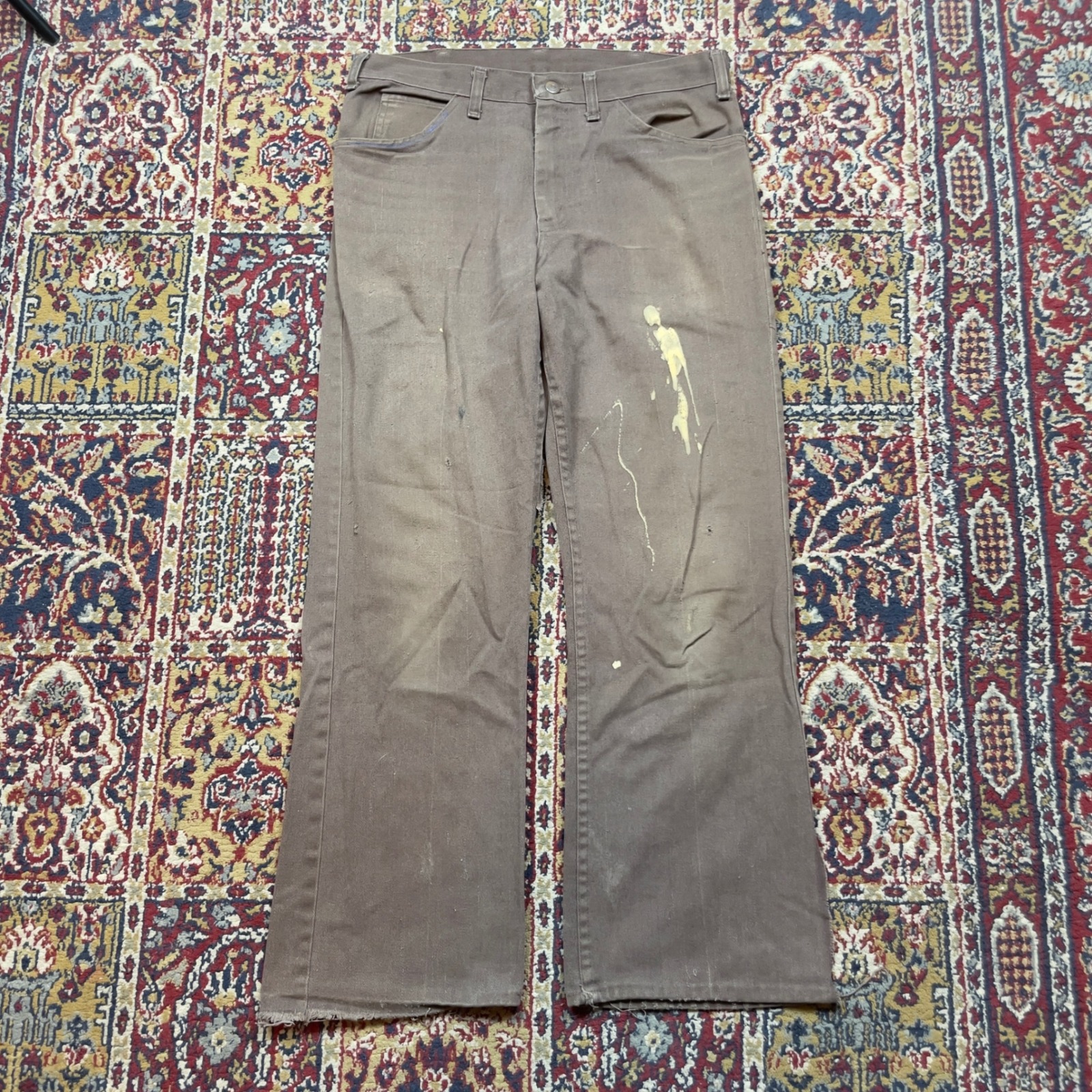 True Vtg 50s Handmade Circle Button Brown Denim Flared Work Jeans Usa 31x29